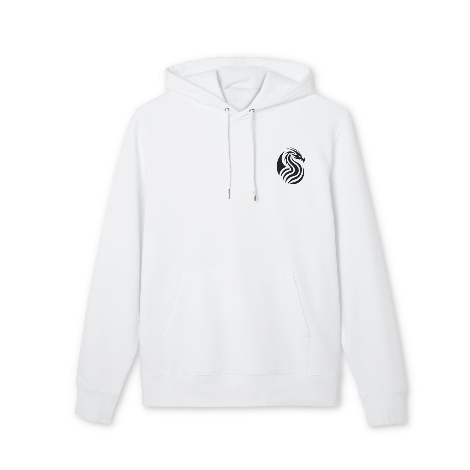 Alt Tag: Sudadera con capucha Sustainable Unisex de la colección Barrio Sangre Ritmo Drix, blanca de algodón orgánico, con capucha y cordones, logo negro en el pecho