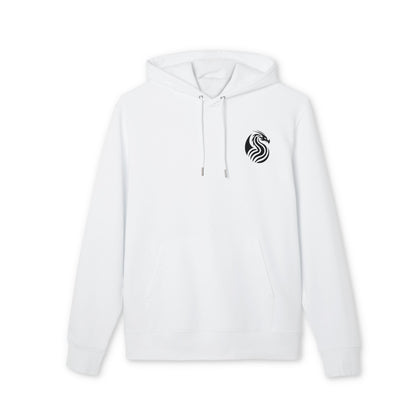 Alt Tag: Sudadera con capucha Sustainable Unisex de la colección Barrio Sangre Ritmo Drix, blanca de algodón orgánico, con capucha y cordones, logo negro en el pecho