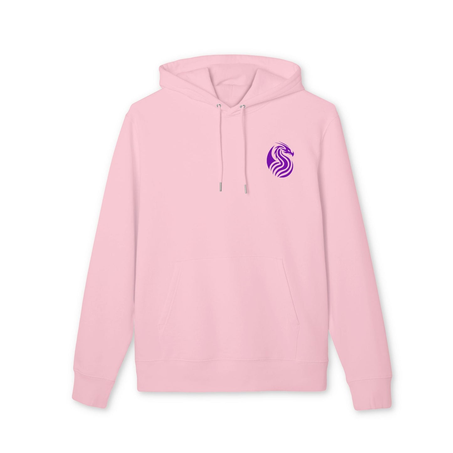 Alt Tag: Sudadera con capucha Sustainable Unisex de la colección Barrio Sangre Ritmo Drix en rosa claro, con cordones ajustables y logo morado en el pecho