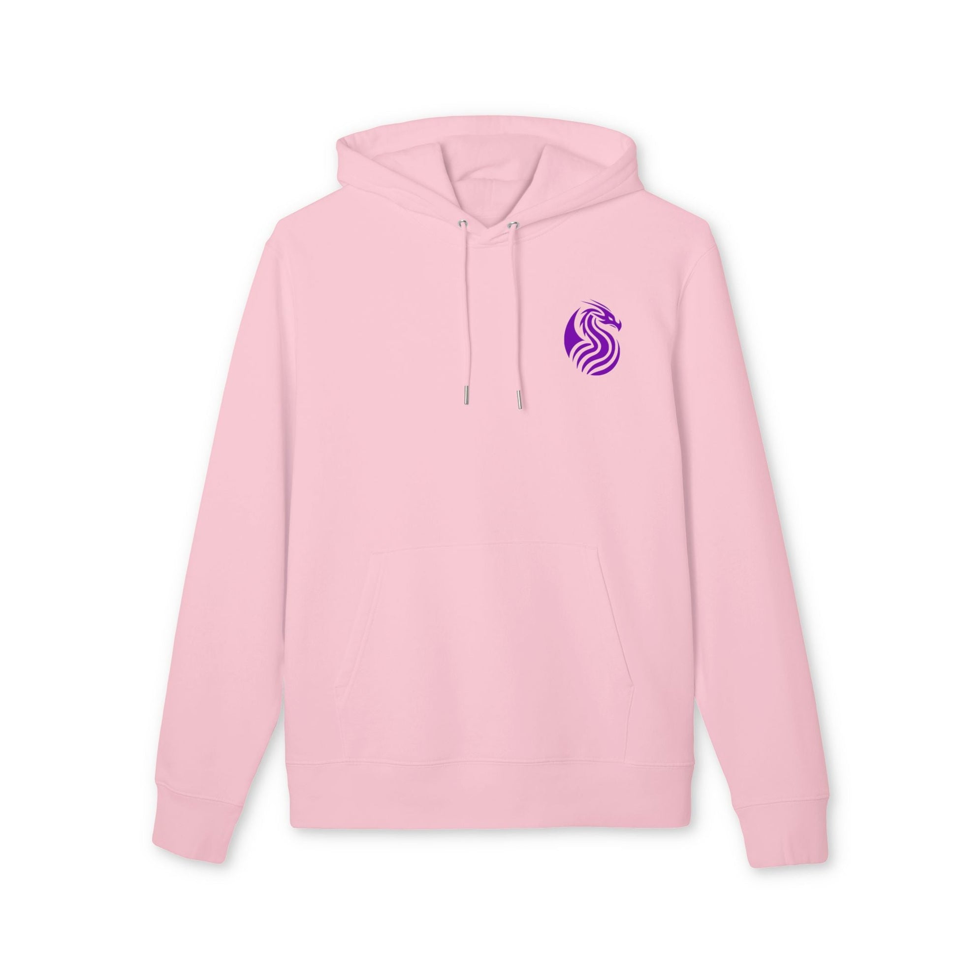 Alt Tag: Sudadera con capucha Sustainable Unisex de la colección Barrio Sangre Ritmo Drix en rosa claro, con cordones ajustables y logo morado en el pecho