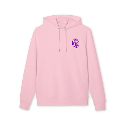 Alt Tag: Sudadera con capucha Sustainable Unisex de la colección Barrio Sangre Ritmo Drix en rosa claro, con cordones ajustables y logo morado en el pecho