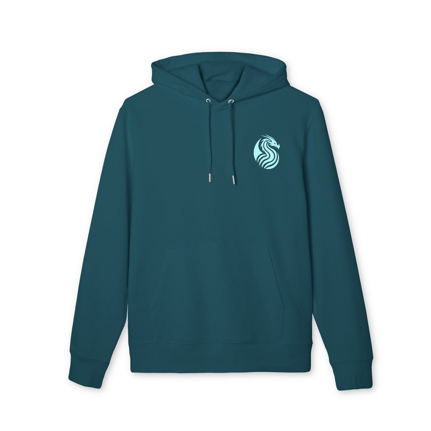 Alt Tag: Hoodie sostenible Unisex Barrio Sangre Ritmo Drix Collection en color teal, vista frontal con capucha, cordones y logo en el pecho