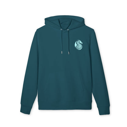 Alt Tag: Hoodie sostenible Unisex Barrio Sangre Ritmo Drix Collection en color teal, vista frontal con capucha, cordones y logo en el pecho