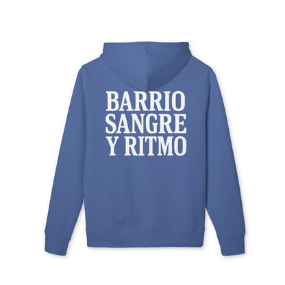 Barrio Sangre Ritmo Drix Collection Sustainable Unisex Hoodie azul, vista trasera, con estampado blanco "BARRIO SANGRE Y RITMO"