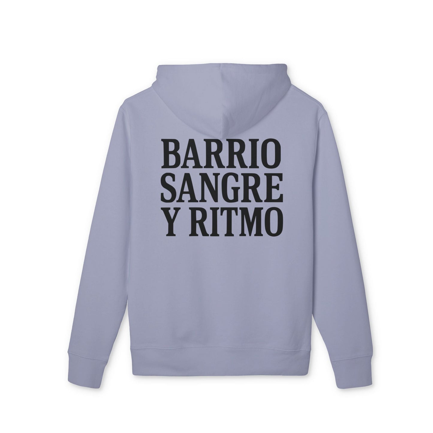 Barrio Sangre Ritmo Colección Drix Sudadera con capucha Unisex sostenible, vista trasera con estampado de texto “BARRIO SANGRE Y RITMO”