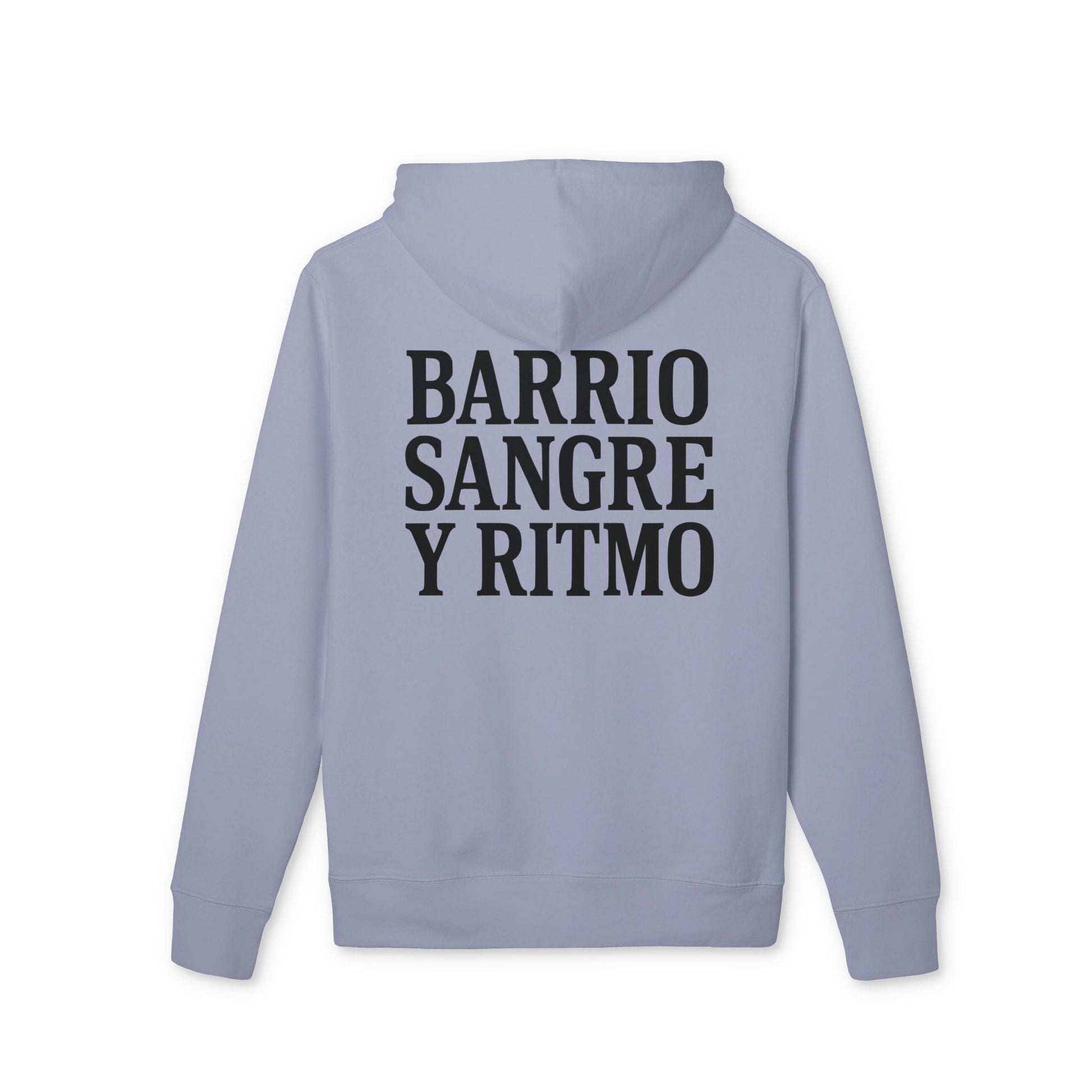 Barrio Sangre Ritmo Colección Drix Sudadera con capucha Unisex sostenible, vista trasera con estampado de texto “BARRIO SANGRE Y RITMO”