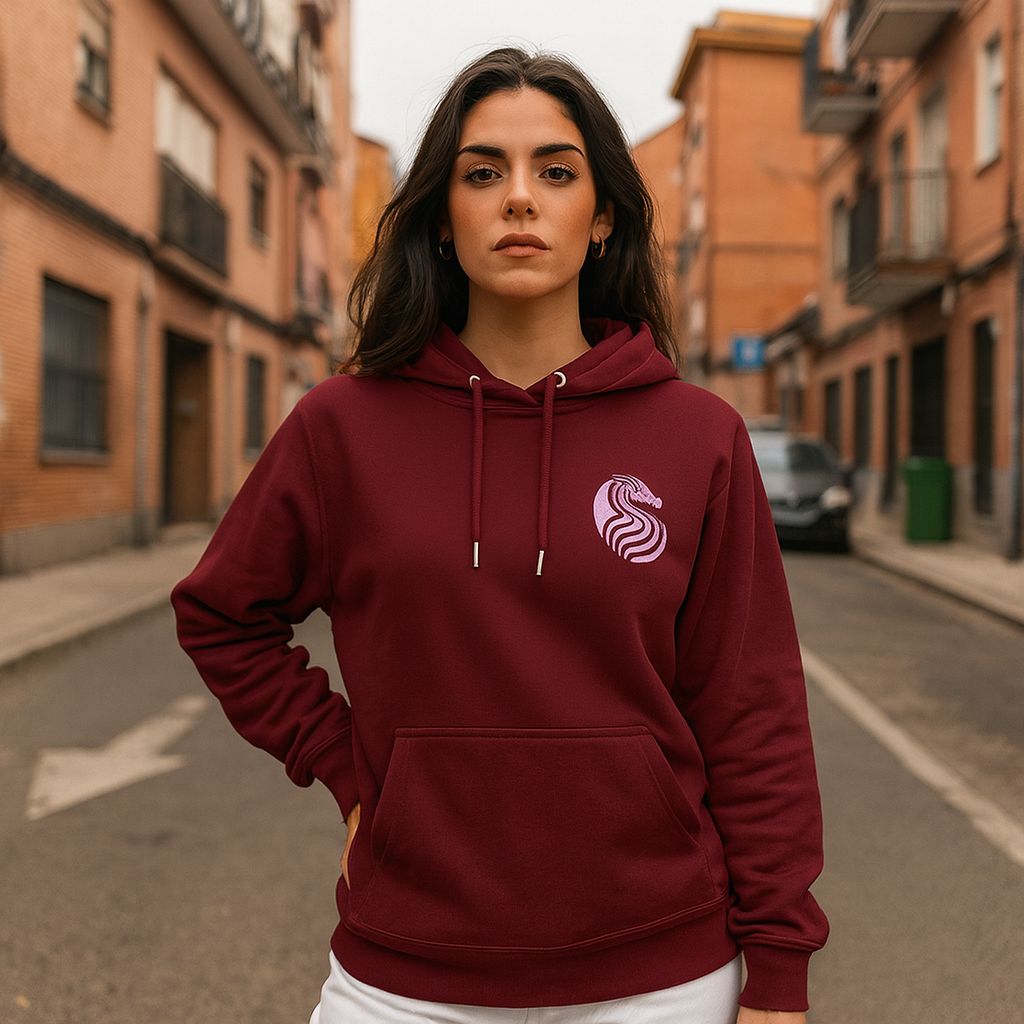 Barrio Sangre Ritmo Drix Collection Sudadera con capucha sostenible Unisex burdeos de algodón orgánico con logo en el pecho, estilo urbano