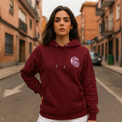 Barrio Sangre Ritmo Drix Collection Sudadera con capucha sostenible Unisex burdeos de algodón orgánico con logo en el pecho, estilo urbano
