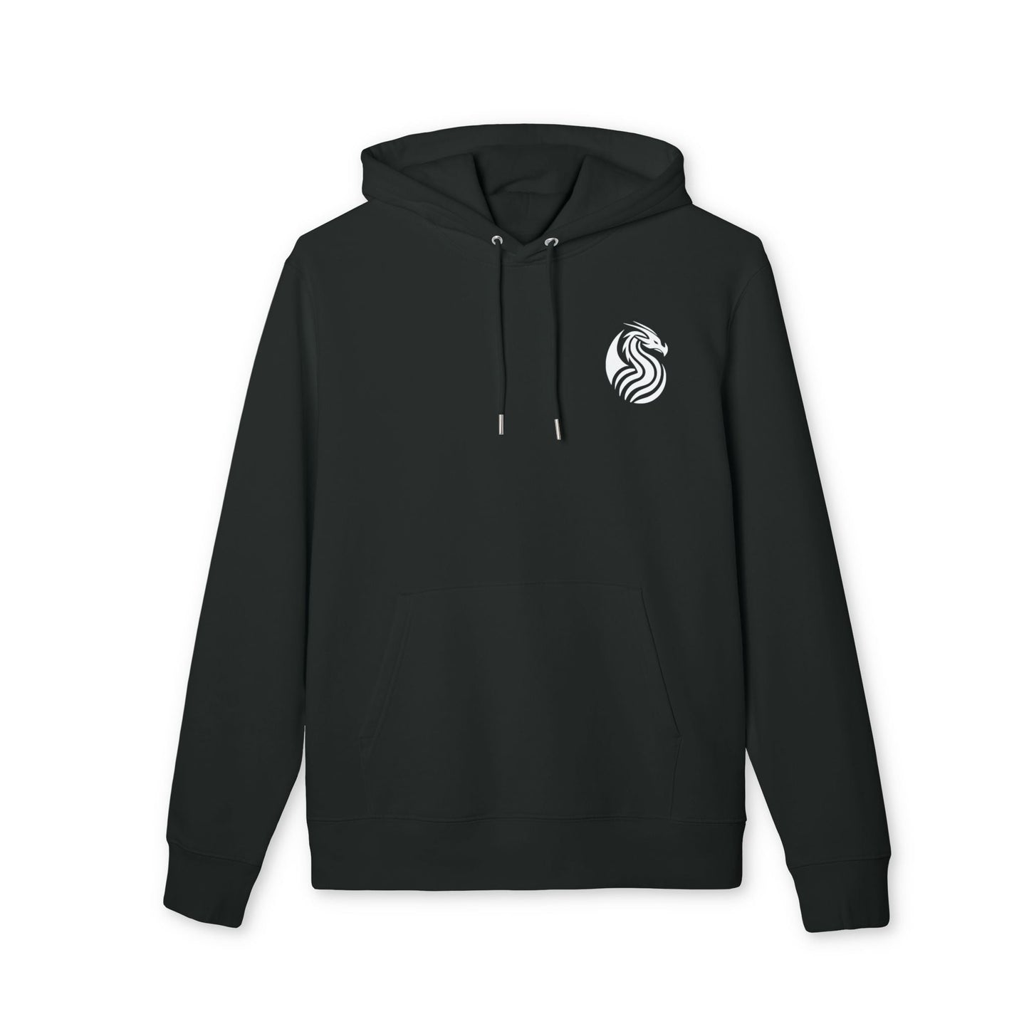 Alt Tag: Hoodie Sustainable Unisex de algodón orgánico negro de la colección Barrio Sangre Ritmo Drix, tipo pulóver con capucha y logo blanco en el pecho