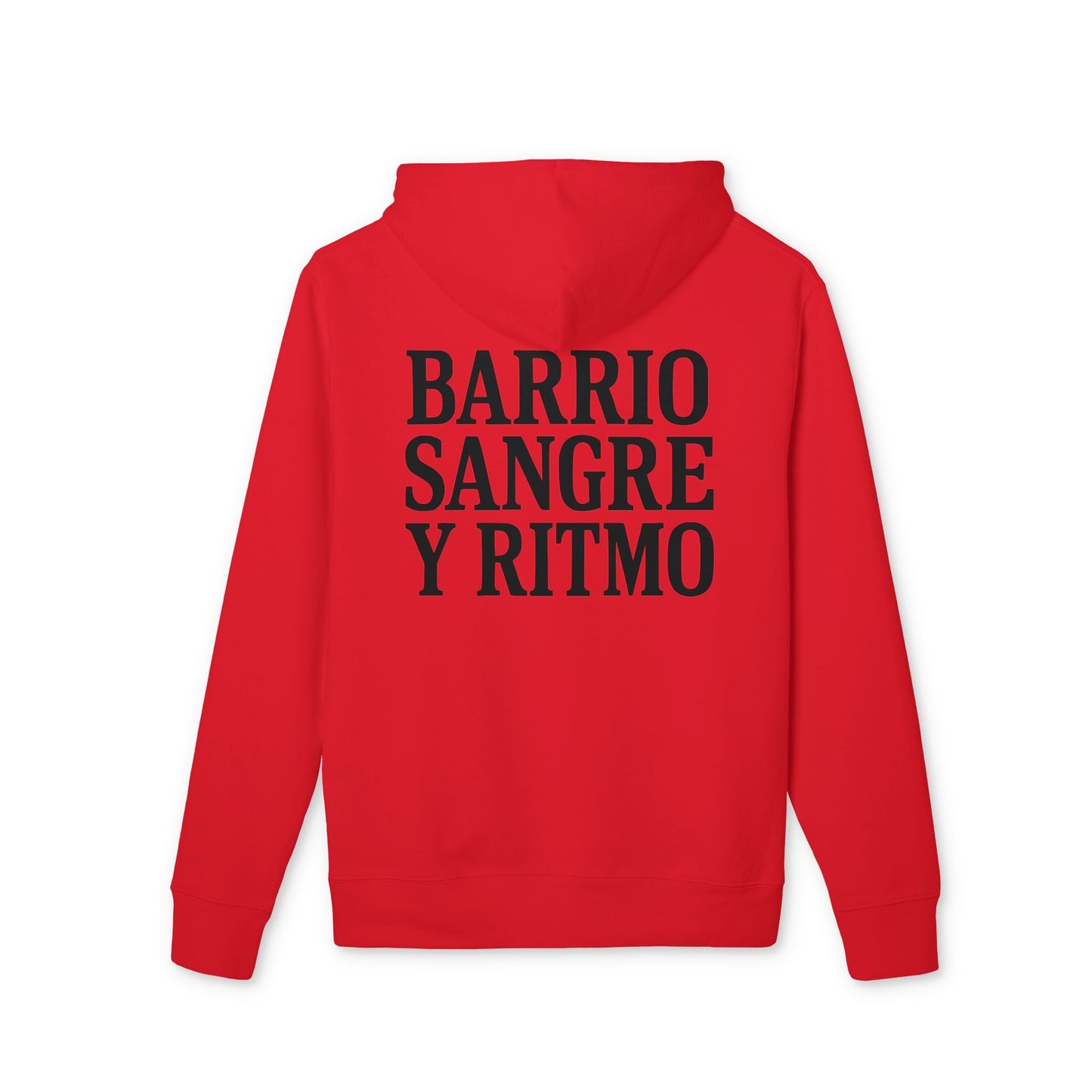 Alt Tag: Sudadera con capucha sostenible Unisex roja de la colección Barrio Sangre Ritmo Drix, vista trasera, capucha, texto "Barrio Sangre y Ritmo"