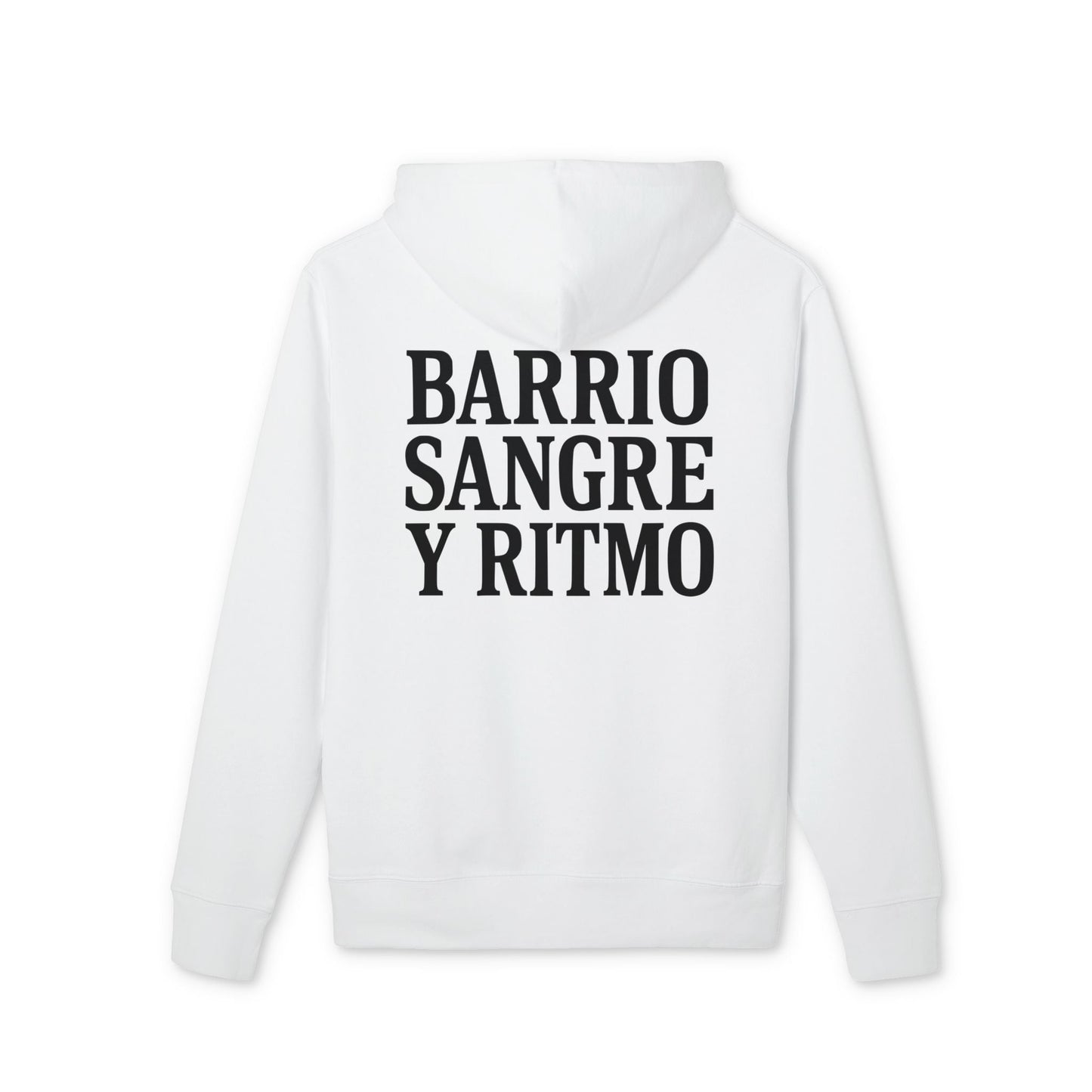 Alt Tag: Barrio Sangre Ritmo Drix Collection Sudadera con capucha Sustainable Unisex blanca de algodón orgánico con capucha y texto "Barrio Sangre y Ritmo"