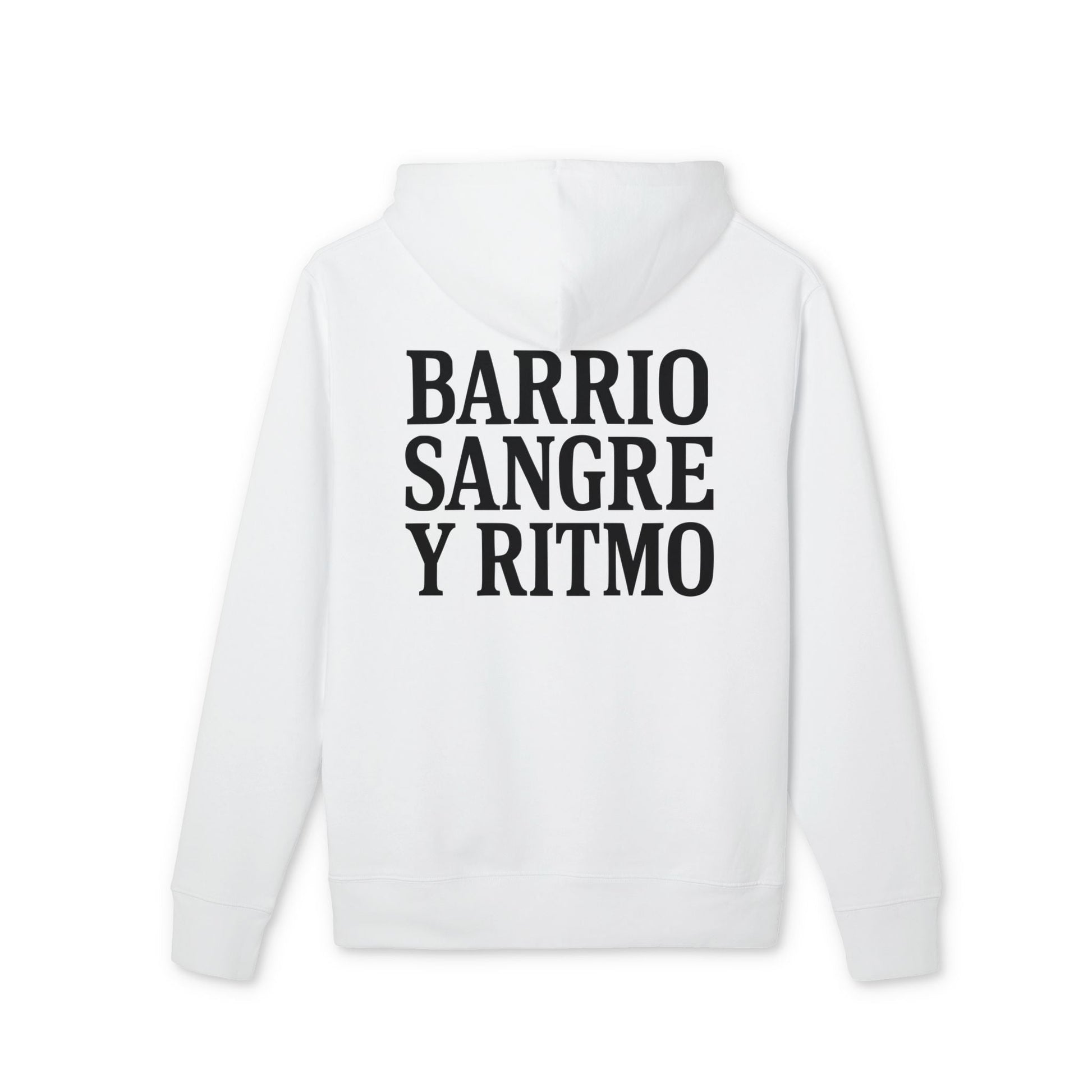 Alt Tag: Barrio Sangre Ritmo Drix Collection Sudadera con capucha Sustainable Unisex blanca de algodón orgánico con capucha y texto "Barrio Sangre y Ritmo"