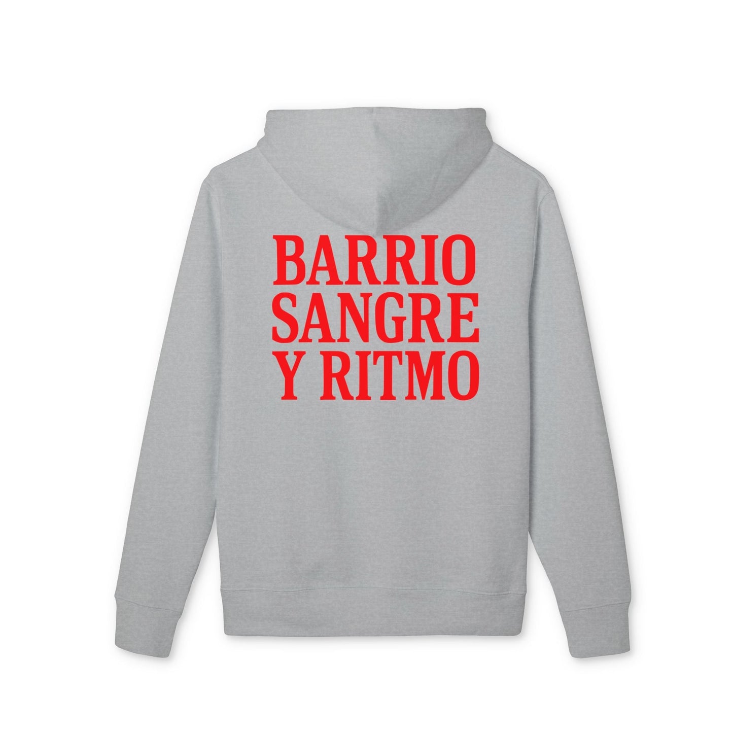 Alt Tag: Barrio Sangre Ritmo Drix Collection Sudadera con capucha sostenible Unisex gris, vista trasera, estampado rojo “BARRIO SANGRE Y RITMO”