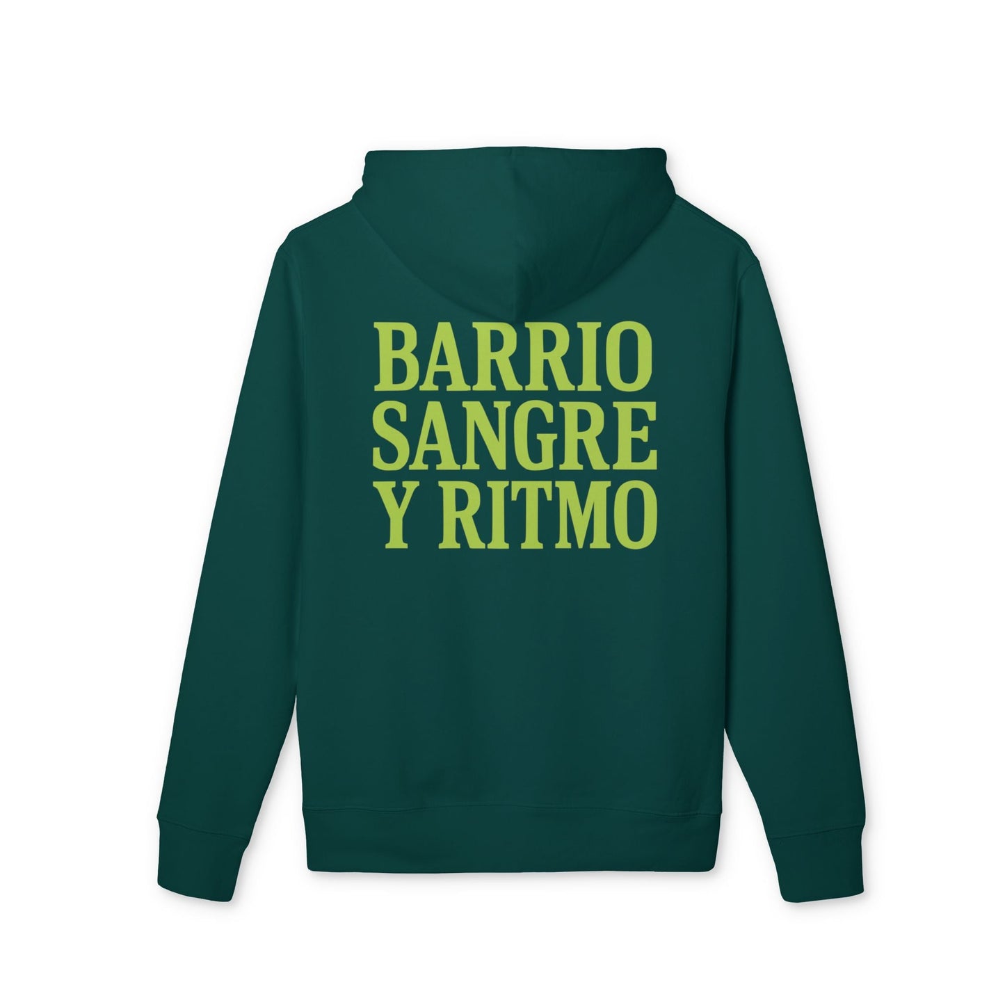 Barrio Sangre Ritmo Drix Collection Sudadera con capucha sostenible Unisex vista trasera, sudadera verde con capucha y texto "BARRIO SANGRE Y RITMO"