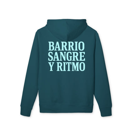 Alt Tag: Barrio Sangre Ritmo Drix Collection Sudadera con capucha sostenible Unisex, vista trasera, color teal con texto "BARRIO SANGRE Y RITMO"