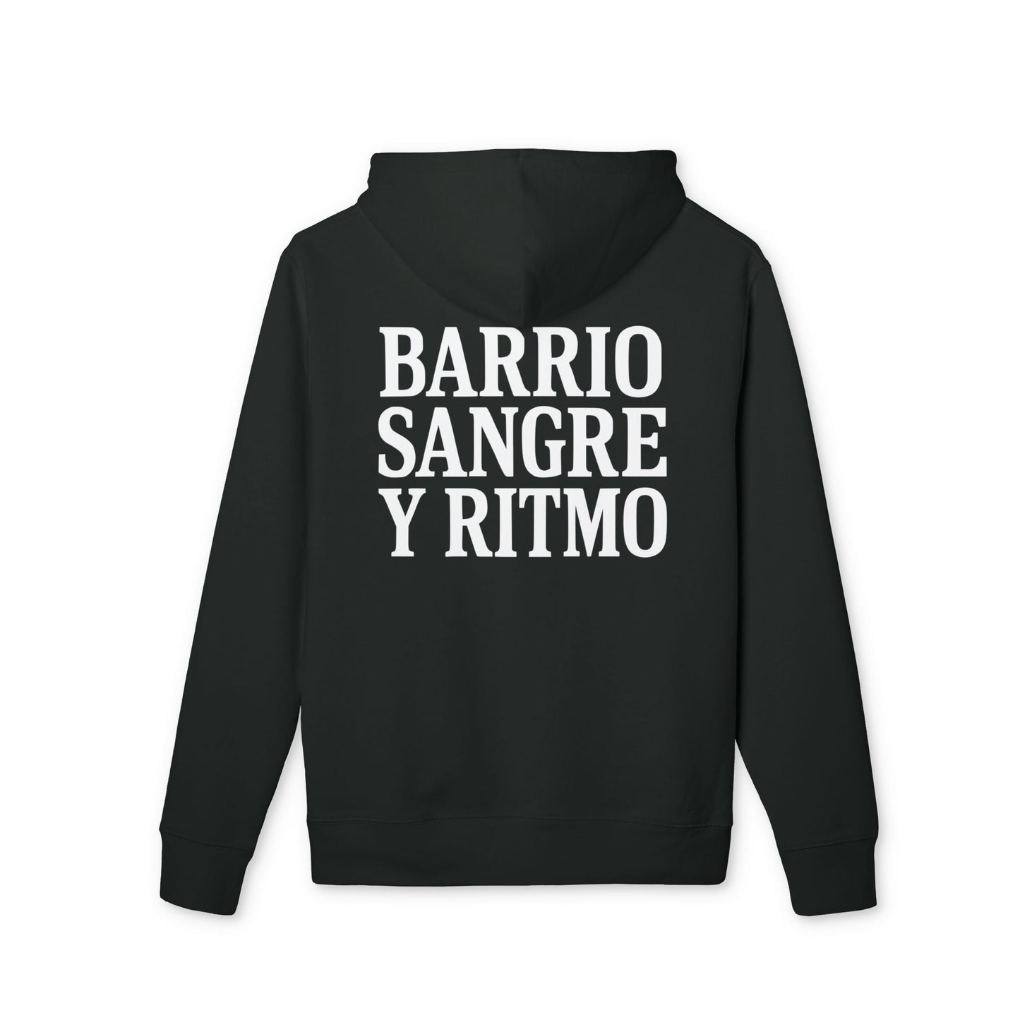 Alt Tag: Sudadera con capucha sostenible Unisex de la colección Barrio Sangre Ritmo Drix, sudadera unisex negra de algodón orgánico con texto "BARRIO SANGRE Y RITMO"