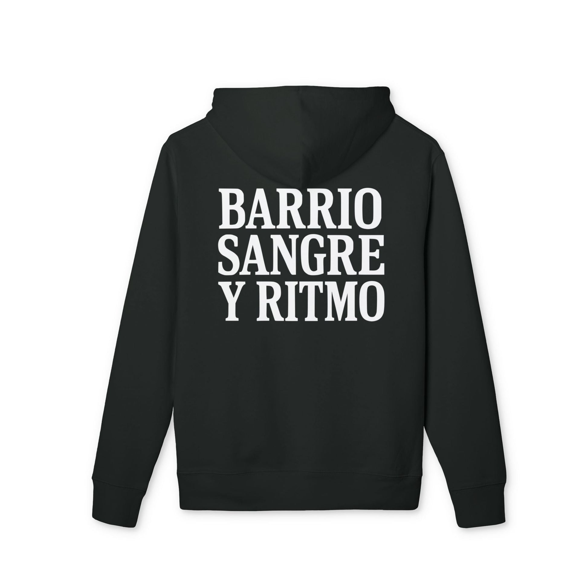 Alt Tag: Sudadera con capucha sostenible Unisex de la colección Barrio Sangre Ritmo Drix, sudadera unisex negra de algodón orgánico con texto "BARRIO SANGRE Y RITMO"