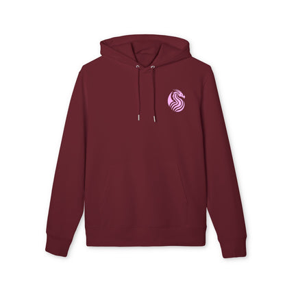 Alt Tag: Barrio Sangre Ritmo Drix Collection Sudadera con capucha Sustainable Unisex en algodón orgánico burdeos con capucha y pequeño logo en el pecho