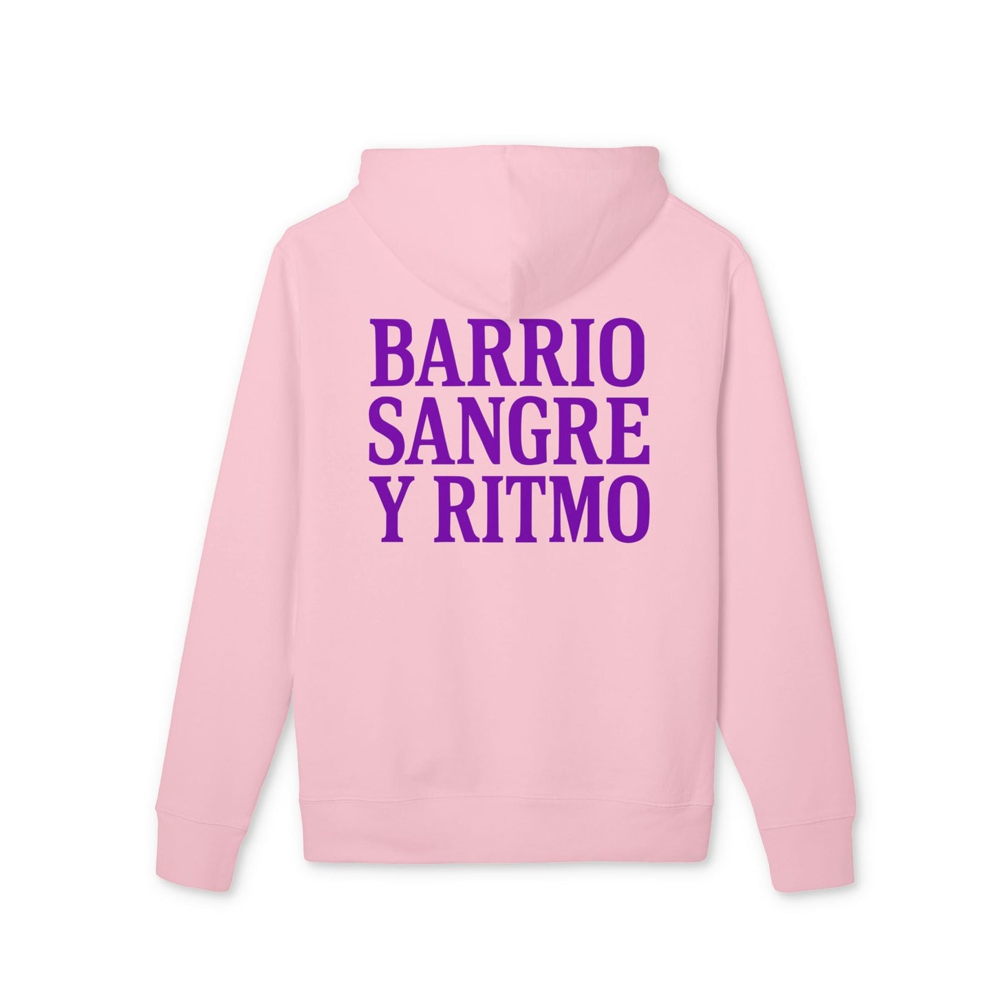 Barrio Sangre Ritmo Drix Collection sudadera con capucha sostenible Unisex rosa, vista trasera con texto "BARRIO SANGRE Y RITMO" en morado