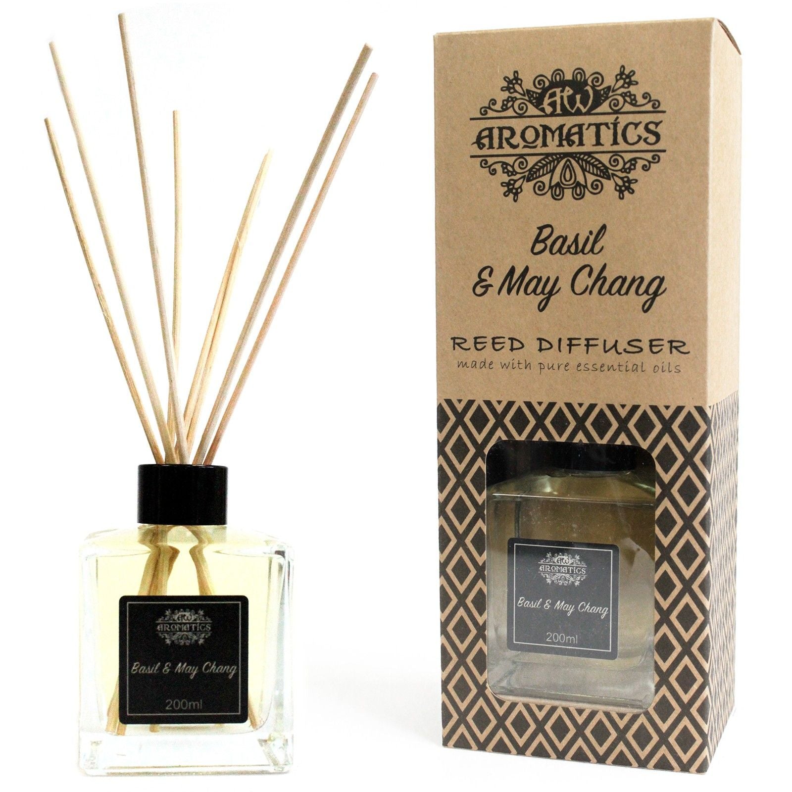 Alt-Tag: Basil & Maychang Essential Oil Reed Diffuser – 200ML mit Glasflakon, Rattan-Stäbchen und Box Aromatics Basil & May Chang