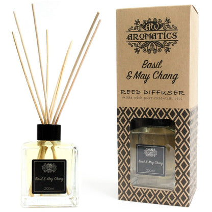 Alt-Tag: Basil & Maychang Essential Oil Reed Diffuser – 200ML mit Glasflakon, Rattan-Stäbchen und Box Aromatics Basil & May Chang
