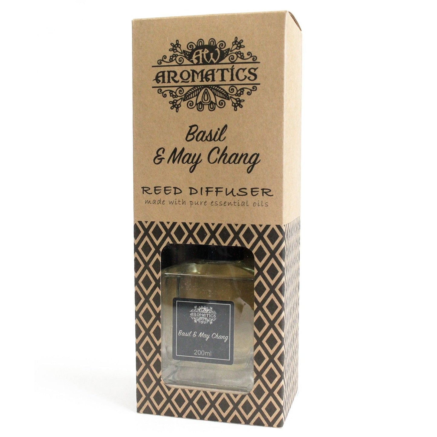 Alt-Tag: Basilikum- & Maychang-Ätherisches-Öl-Duftdiffusor mit Duftstäbchen – 200ML Aromatics Duftdiffusor mit Duftstäbchen 200ml in Verpackung mit Glasflakon und Duftstäbchen