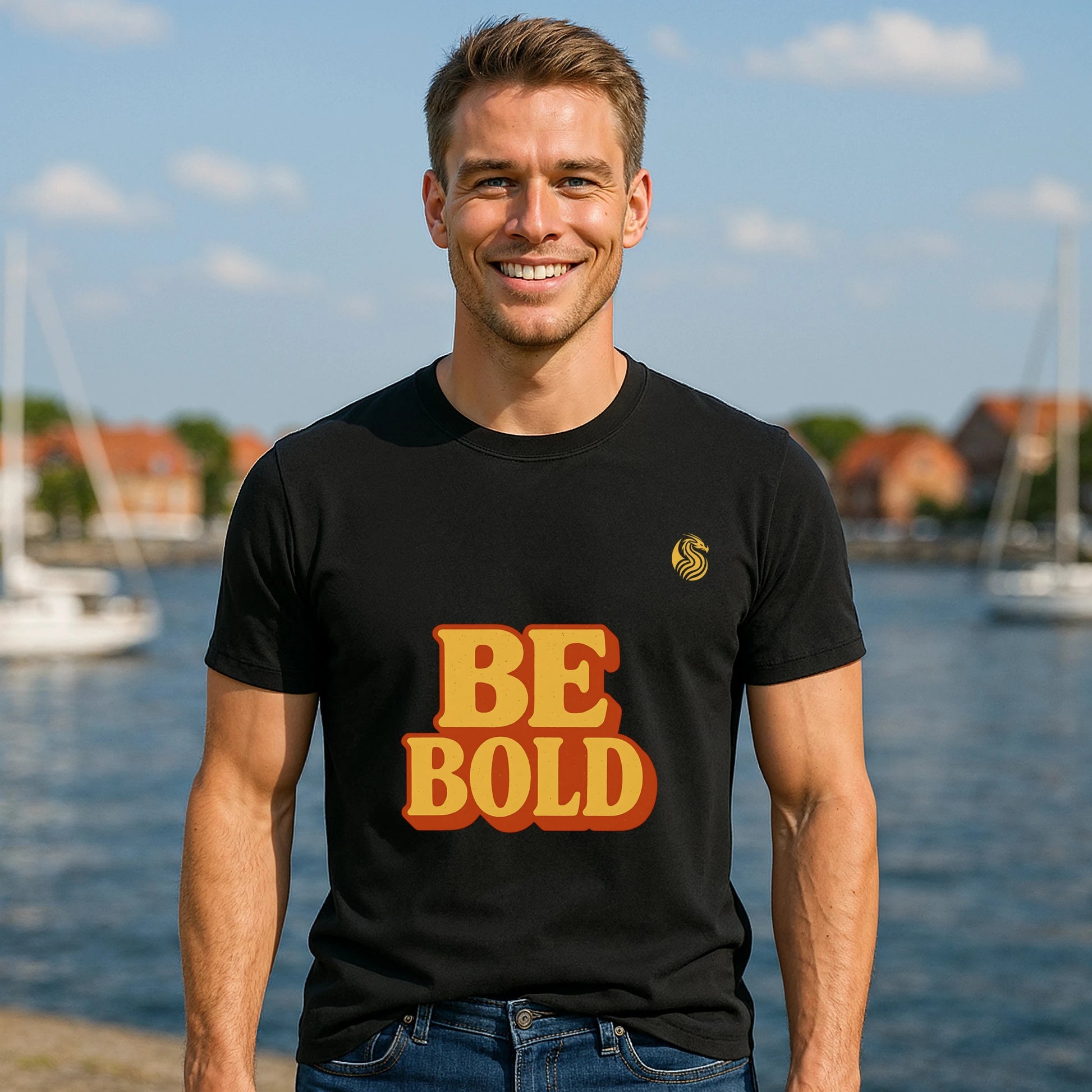 Be Bold Youth 100% Organic Cotton T-Shirt on model wearing black tee with BE BOLD graphic, outdoor waterfront setting