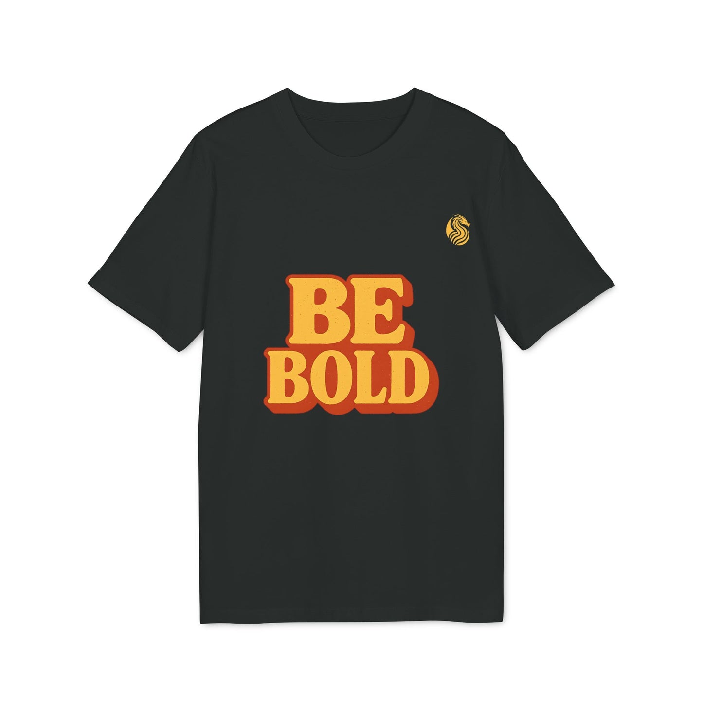 Alt Tag: Be Bold Youth 100% Organic Cotton T-Shirt black youth tee with retro "BE BOLD" graphic and small chest logo