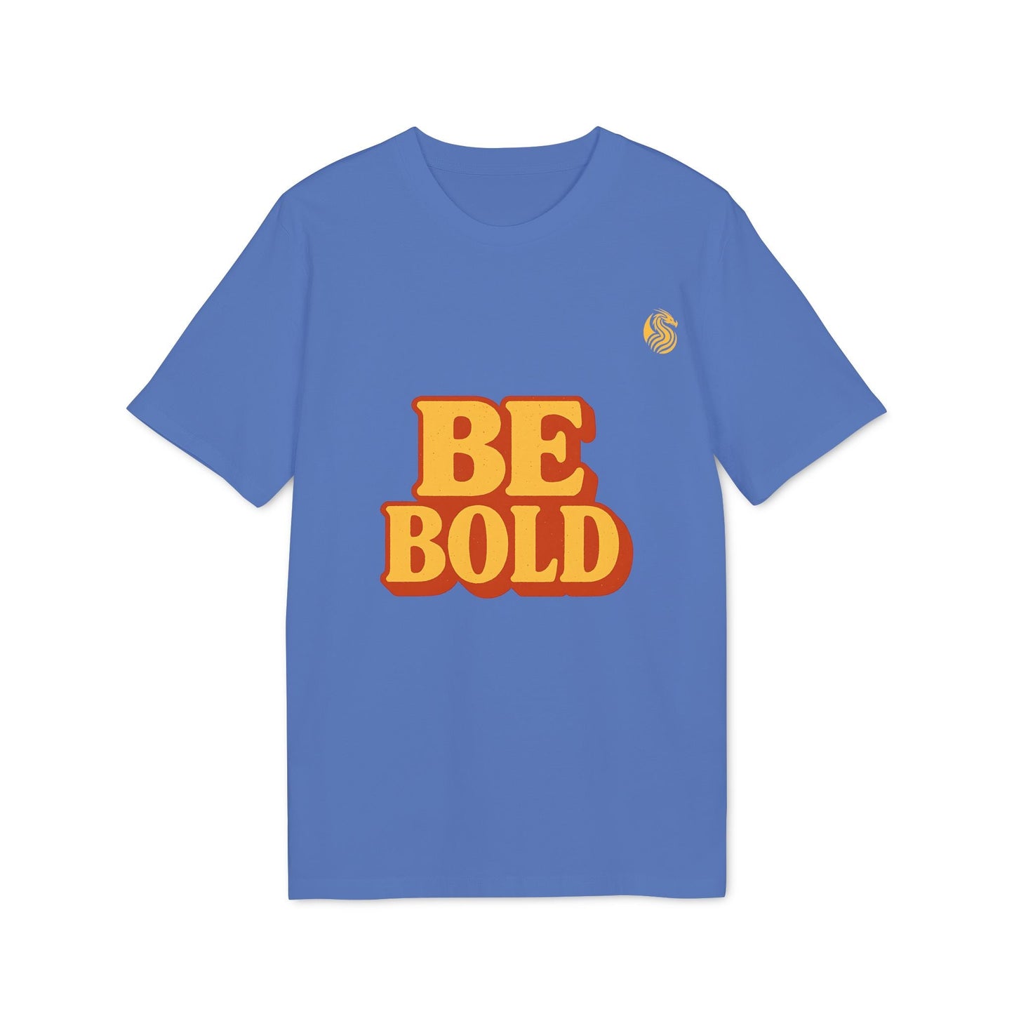 Alt Tag: Be Bold Youth 100% Organic Cotton T-Shirt blue youth tee with bold “BE BOLD” graphic on front
