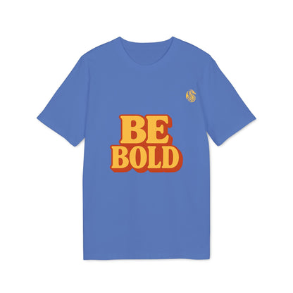 Alt Tag: Be Bold Youth 100% Organic Cotton T-Shirt blue youth tee with bold “BE BOLD” graphic on front