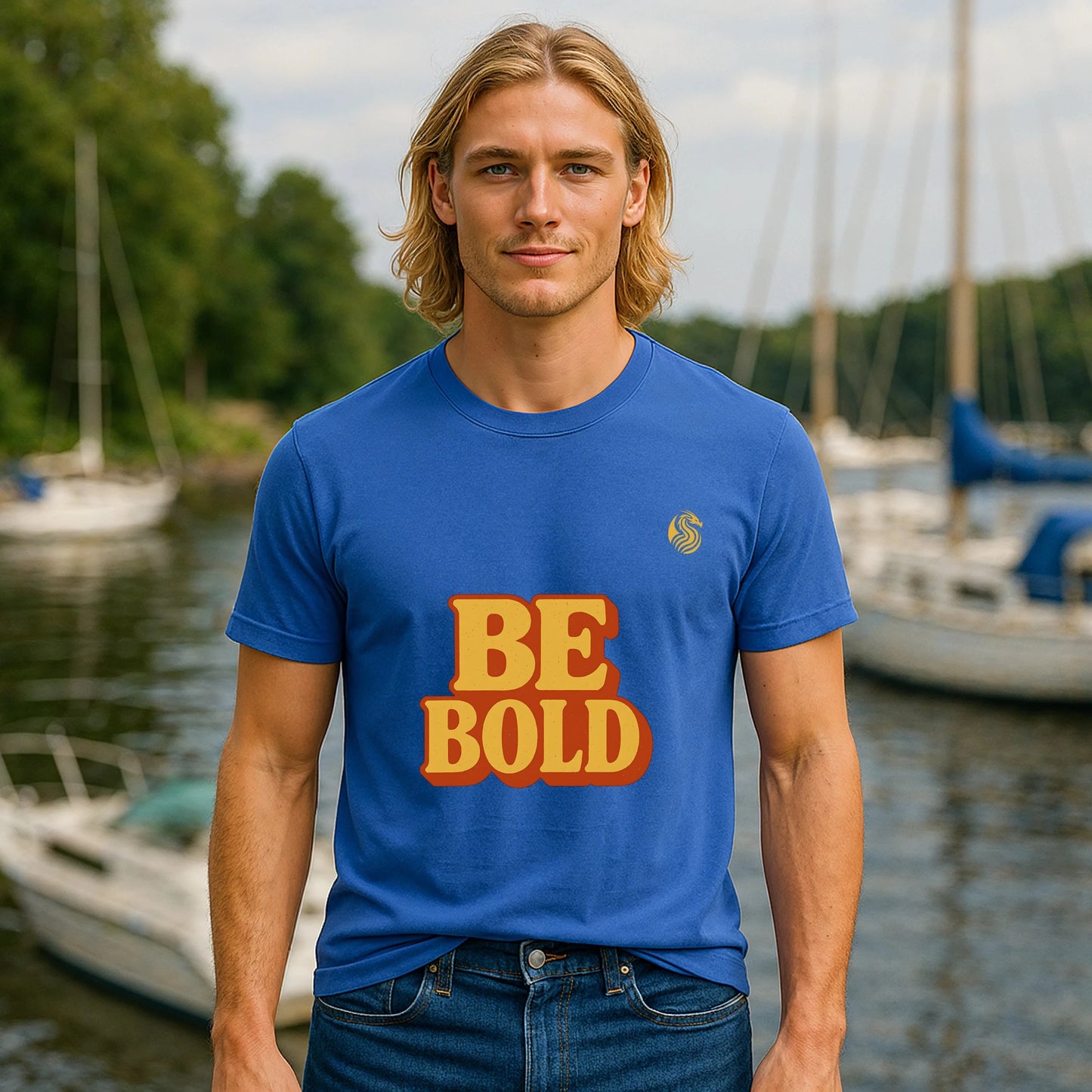 Be Bold Youth 100% Organic Cotton T-Shirt blue graphic tee with BE BOLD text, worn outdoors by model near sailboats