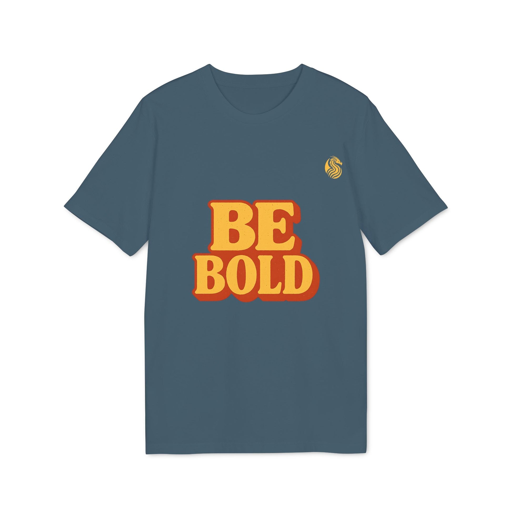 Alt Tag: Be Bold Youth 100% Organic Cotton T-Shirt azul con gráfico BE BOLD en el frente y logo pequeño en el pecho