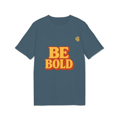 Alt Tag: Be Bold Youth 100% Organic Cotton T-Shirt azul con gráfico BE BOLD en el frente y logo pequeño en el pecho