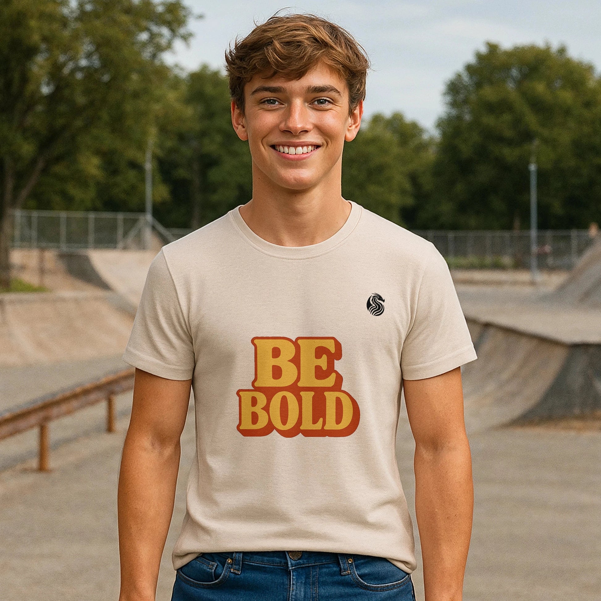 Alt Tag: Be Bold Youth 100% Organic Cotton T-Shirt with "BE BOLD" graphic, youth model wearing cream tee at skatepark