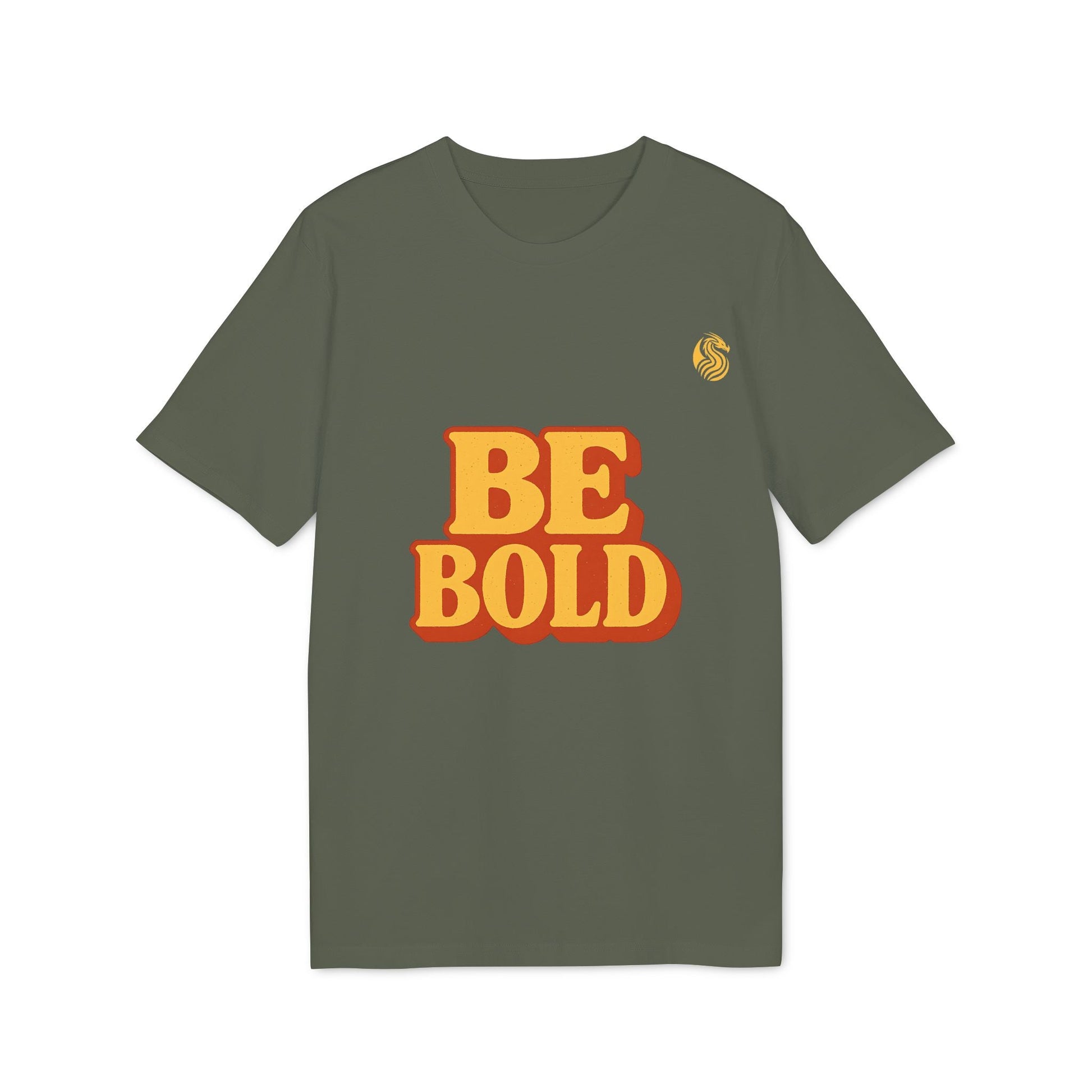 Alt Tag: Be Bold Youth 100% Organic Cotton T-Shirt en color verde oliva con texto “BE BOLD” en el frente