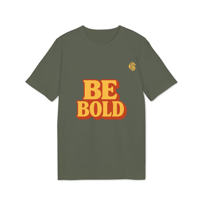 Alt Tag: Be Bold Youth 100% Organic Cotton T-Shirt en color verde oliva con texto “BE BOLD” en el frente