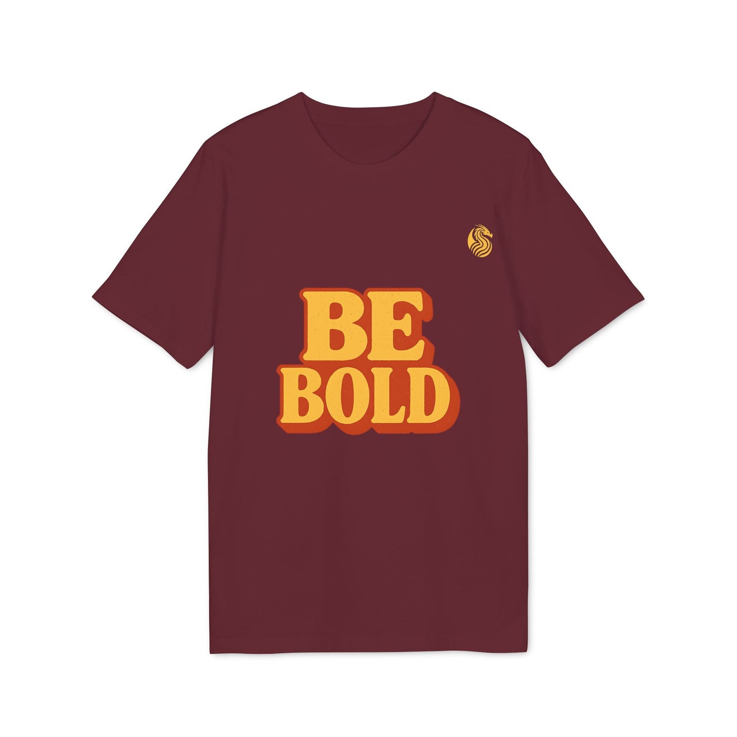Be Bold Youth 100% Organic Cotton T-Shirt color burdeos con estampado “BE BOLD” en amarillo y naranja, camiseta juvenil de manga corta