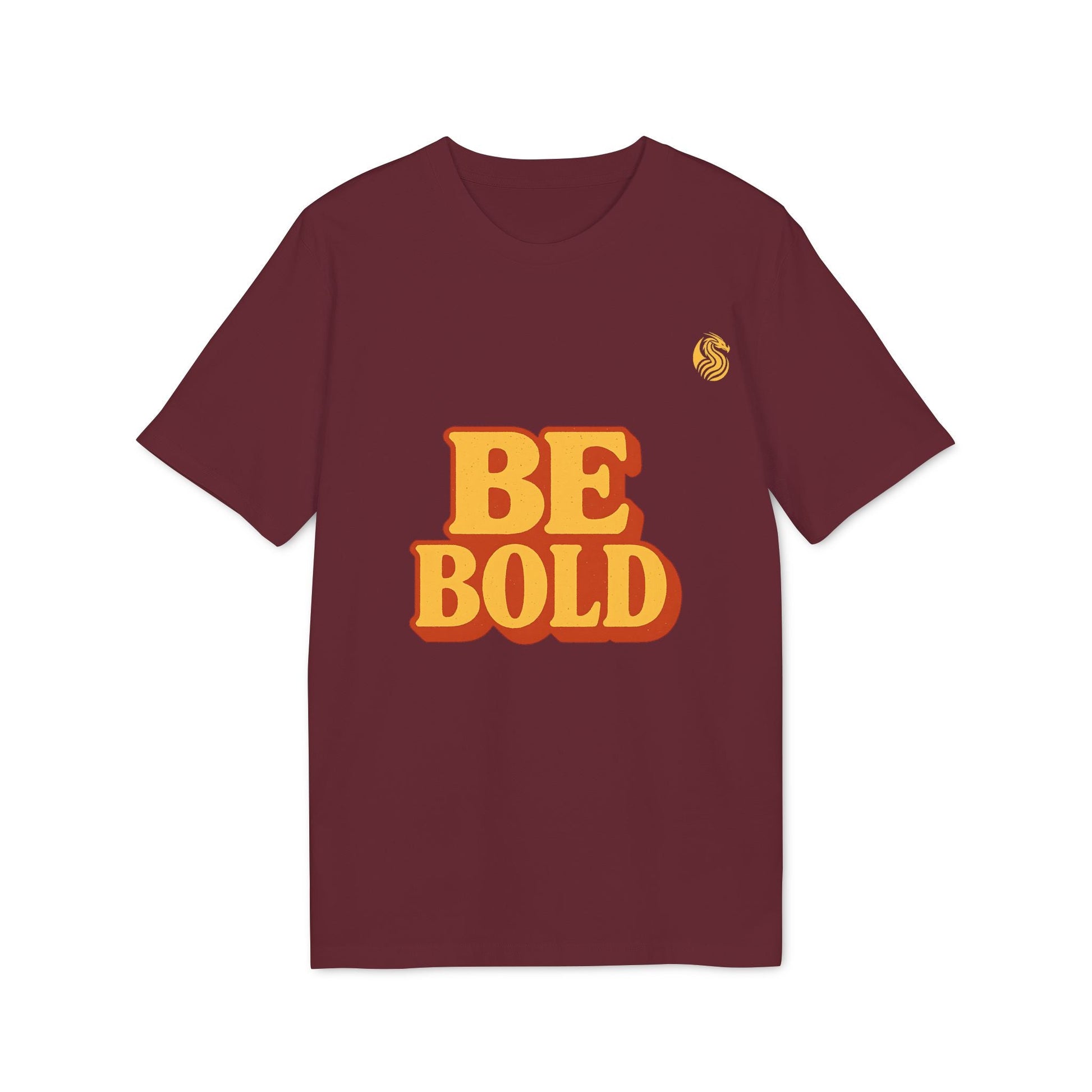 Be Bold Youth 100% Organic Cotton T-Shirt color burdeos con estampado “BE BOLD” en amarillo y naranja, camiseta juvenil de manga corta