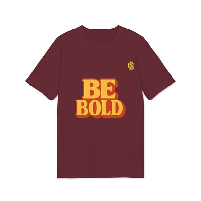 Be Bold Youth 100% Organic Cotton T-Shirt color burdeos con estampado “BE BOLD” en amarillo y naranja, camiseta juvenil de manga corta
