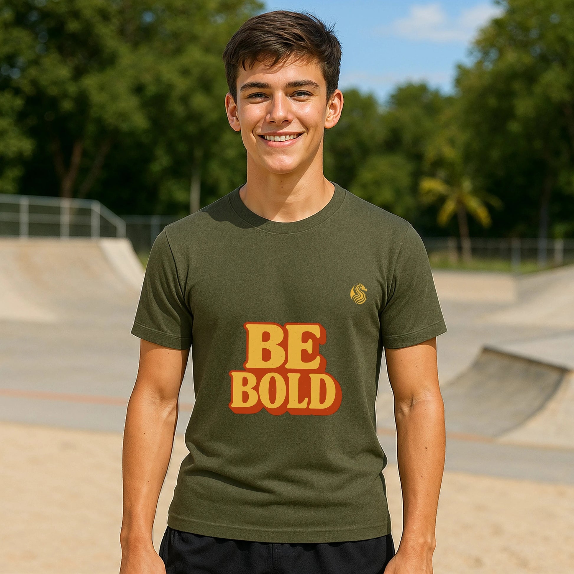 Be Bold Youth 100% Organic Cotton T-Shirt on teen wearing green BE BOLD graphic tee at skatepark outdoors
