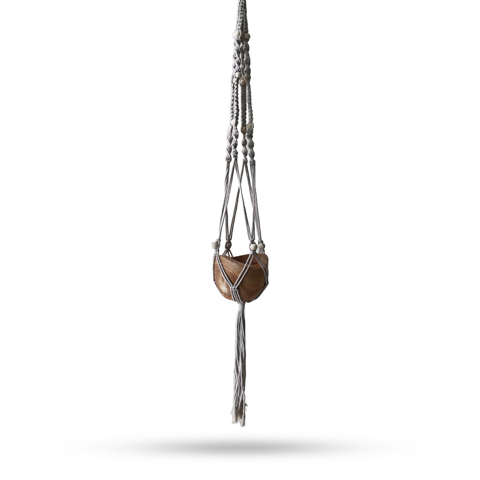Beaded Cotton Macrame Pot Holder – 1 Meter hanging cotton plant hanger with wooden beads and brown pot, boho macrame decor