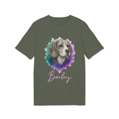 Alt Tag: Beagle Personalized Dog Sustainable Unisex Tee camiseta unisex sostenible verde oliva con retrato de beagle acuarela y nombre "Bailey"