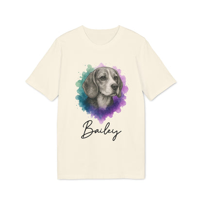 Beagle Personalized Dog Sustainable Unisex Tee en color crema con retrato de beagle estilo acuarela y nombre personalizado Bailey