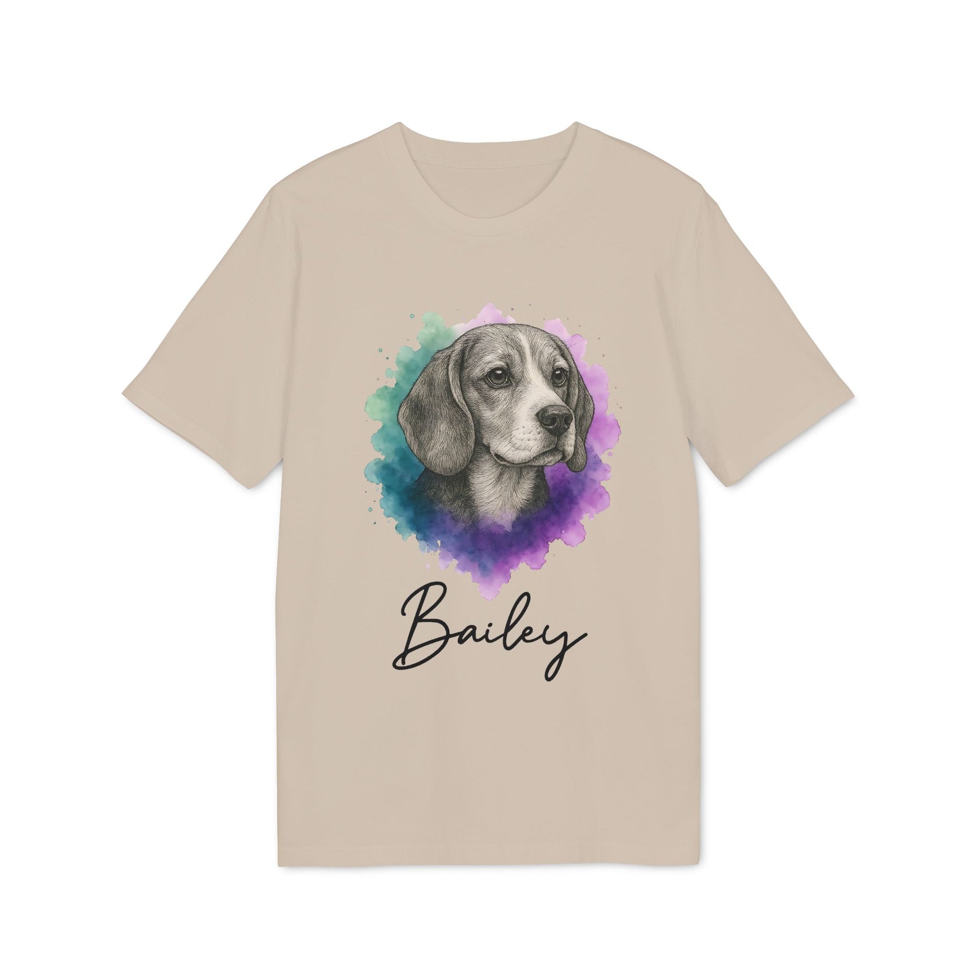 Alt Tag: Beagle Personalized Dog Sustainable Unisex Tee beige t-shirt with watercolor beagle portrait and custom name Bailey