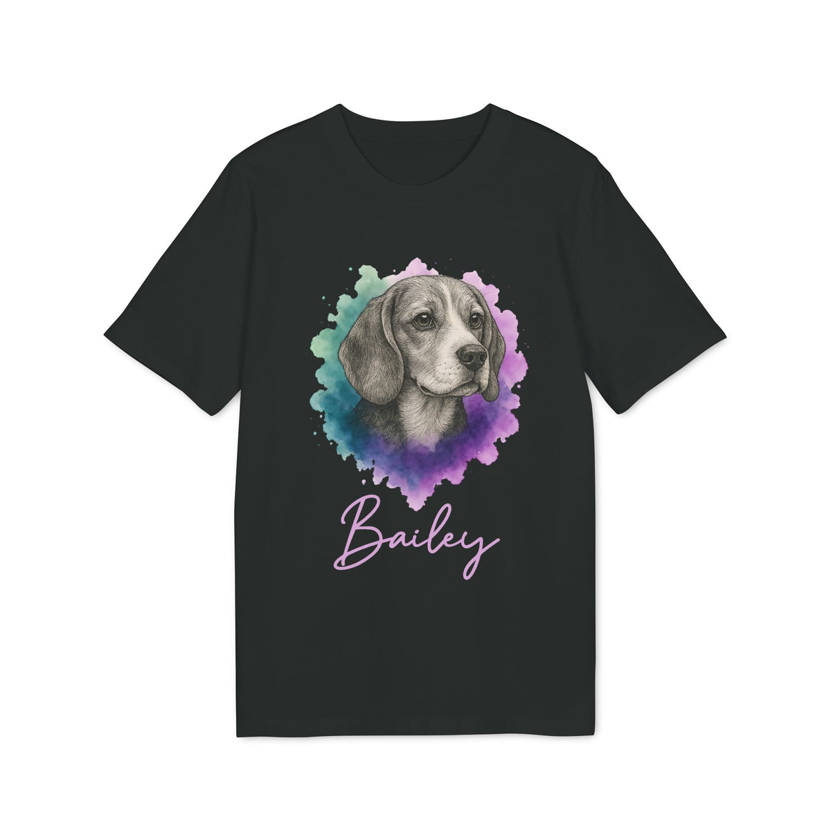 Alt Tag: Beagle Personalized Dog Sustainable Unisex Tee black t-shirt with watercolor beagle portrait and custom name Bailey