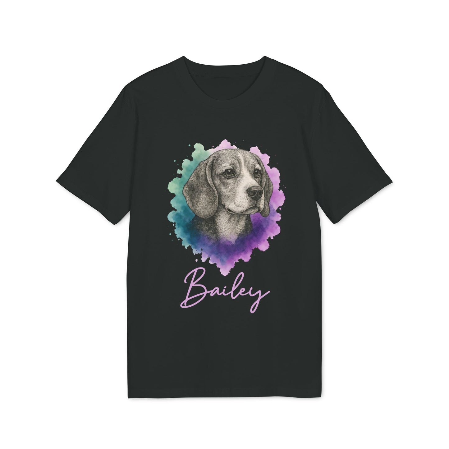 Alt Tag: Beagle Personalized Dog Sustainable Unisex Tee black t-shirt with watercolor beagle portrait and custom name Bailey