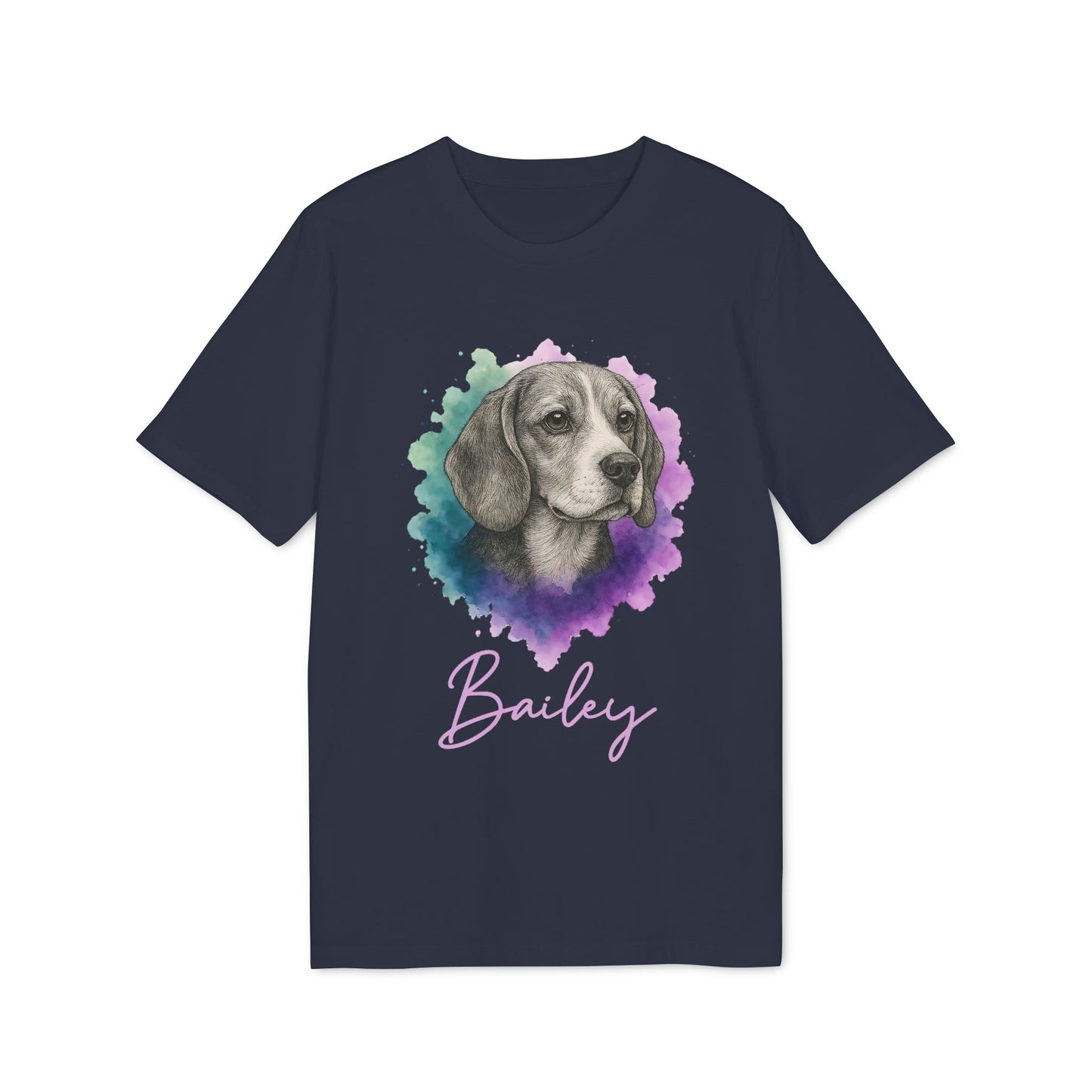 Alt Tag: Beagle Personalized Dog Sustainable Unisex Tee navy t-shirt with beagle portrait graphic and personalized name Bailey