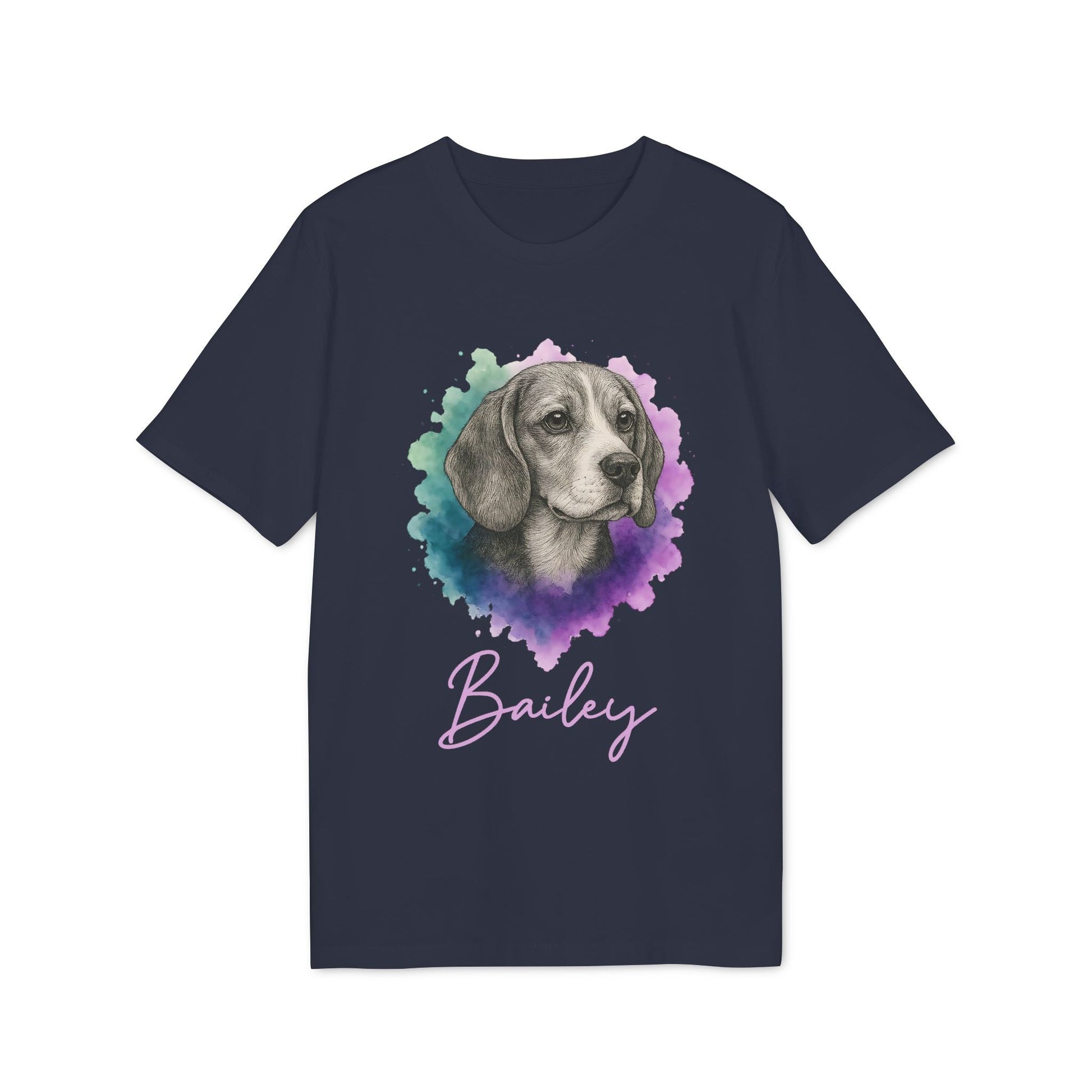 Alt Tag: Beagle Personalized Dog Sustainable Unisex Tee navy t-shirt with beagle portrait graphic and personalized name Bailey