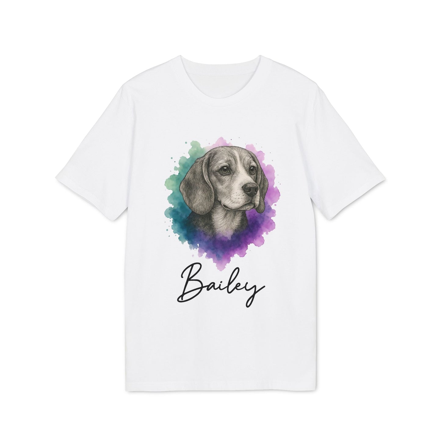 Alt Tag: Beagle Personalized Dog Sustainable Unisex Tee camiseta blanca unisex con retrato de beagle en acuarela y nombre personalizado Bailey