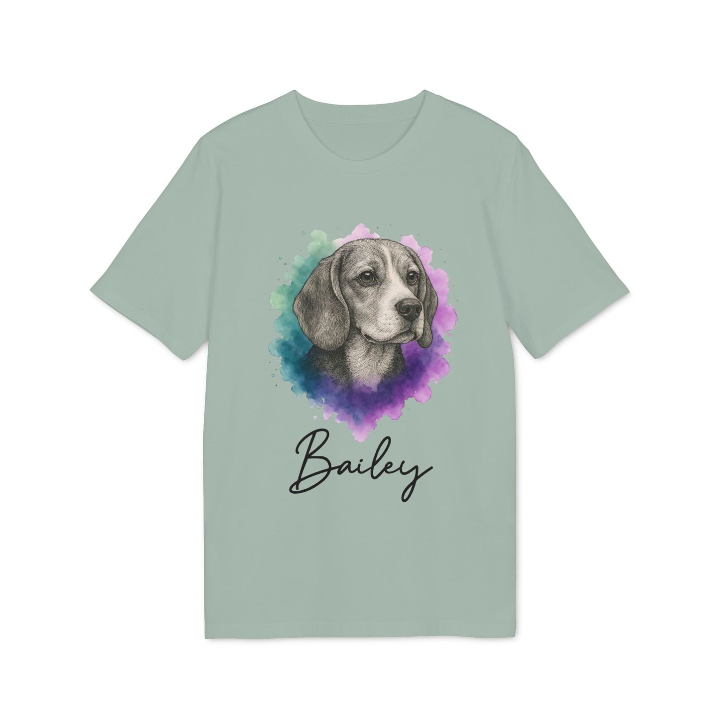 Alt Tag: Beagle Personalized Dog Sustainable Unisex Tee con ilustración de beagle en acuarela y nombre personalizado "Bailey" en camiseta unisex
